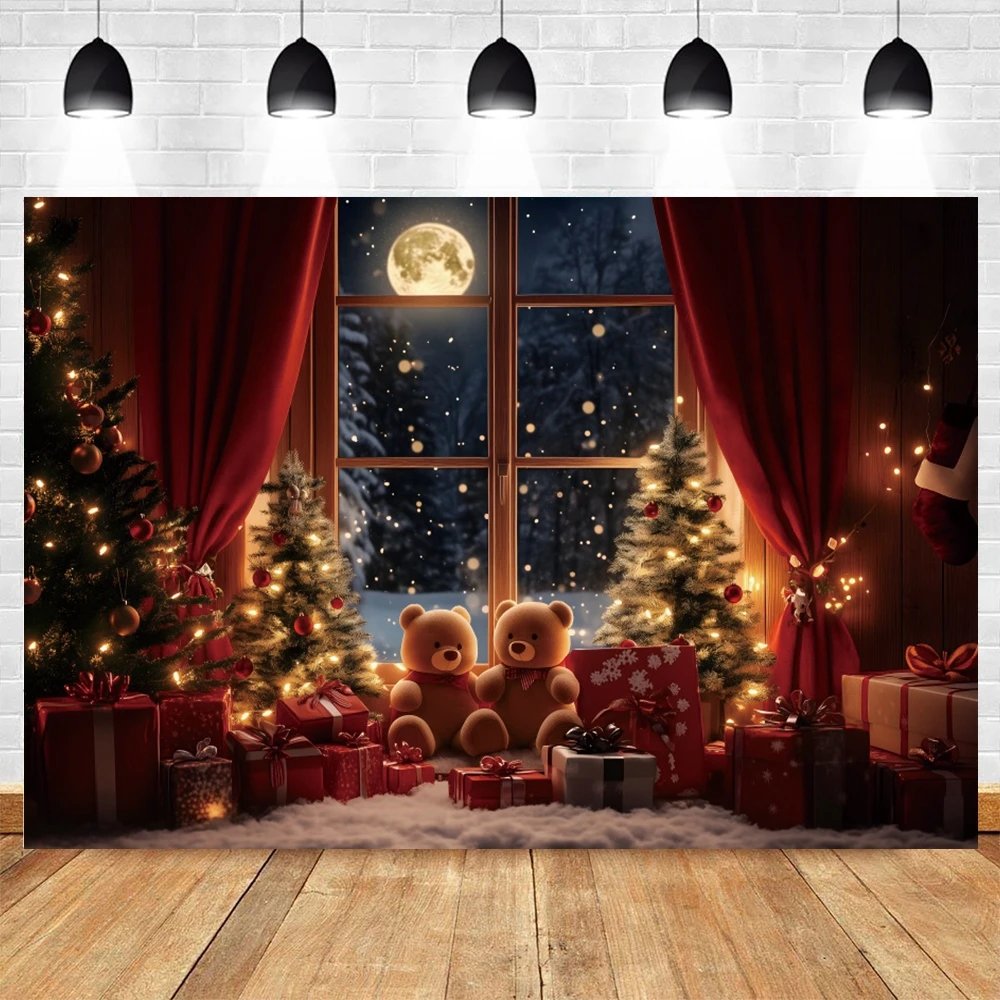 Christmas Window Photography Backdrop Xmas Tree Gift Toy Bear Red Curtain Family Party Decor Kids Portrait Photo Background Prop