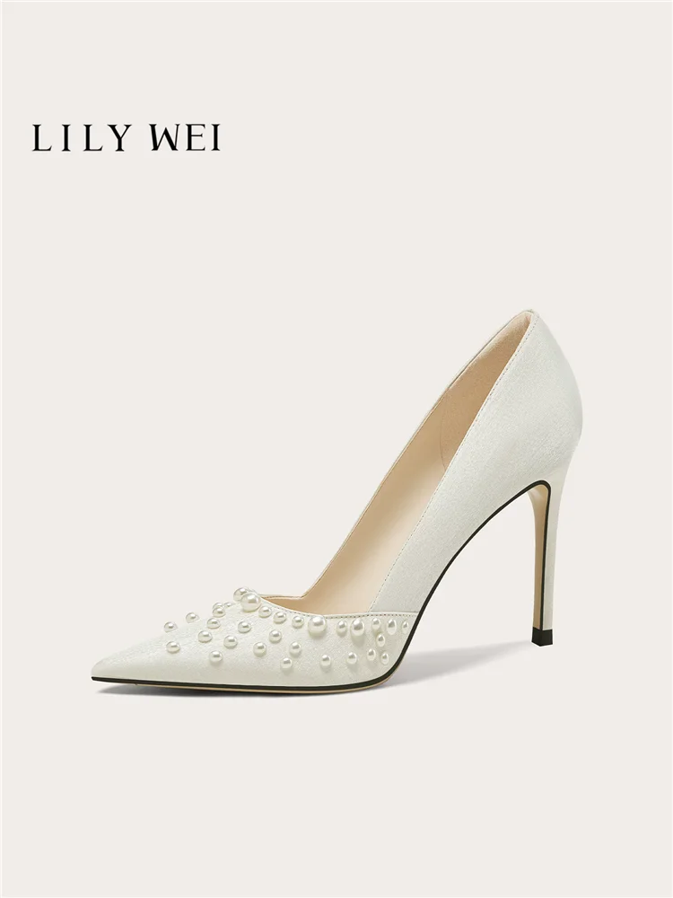 Spring new pointed shallow mouth silk pearl wedding shoes banquet large size small size widened high heels women's shoes
