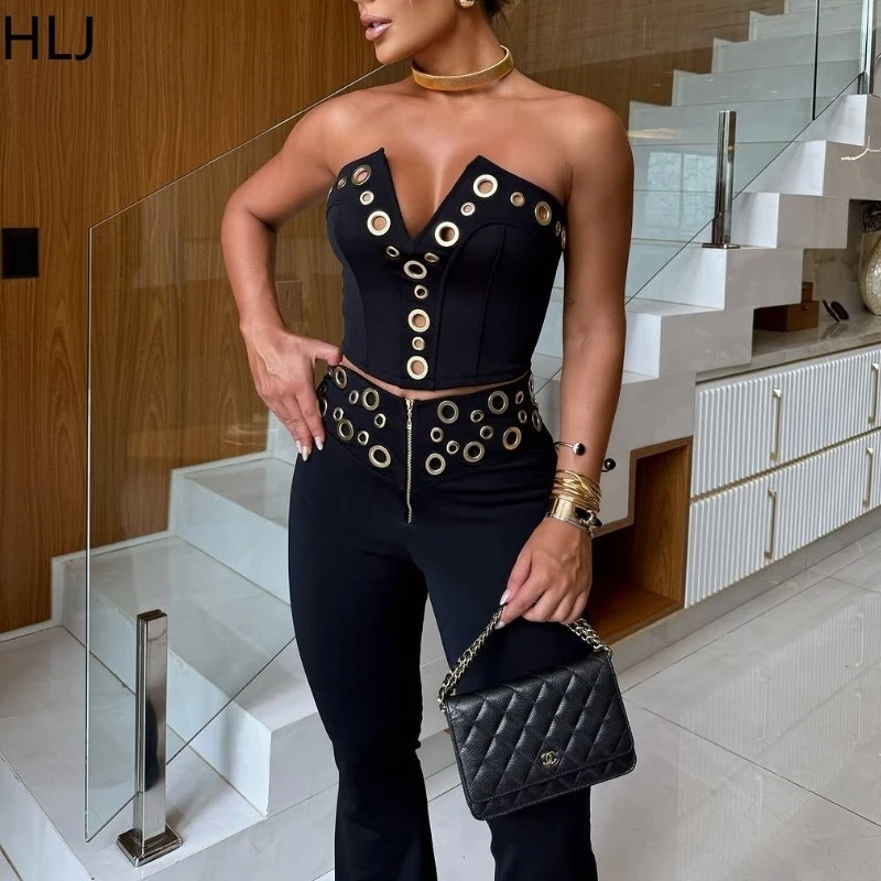 

HLJ Elegant Hollow Out Patchwork 2 Piece Sets Woman Outfit Sleeveless Backless Crop Top and Pants Suit Female Party Clubwear New
