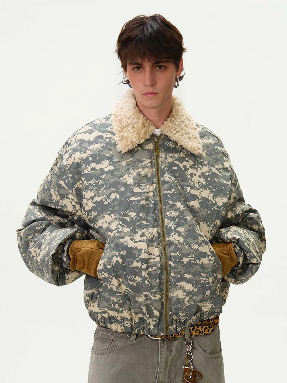 Tung Sung Camouflage Bomber Jacket Casual Thickened Lamb Lapel Coat Military High Street Puffer Jacket