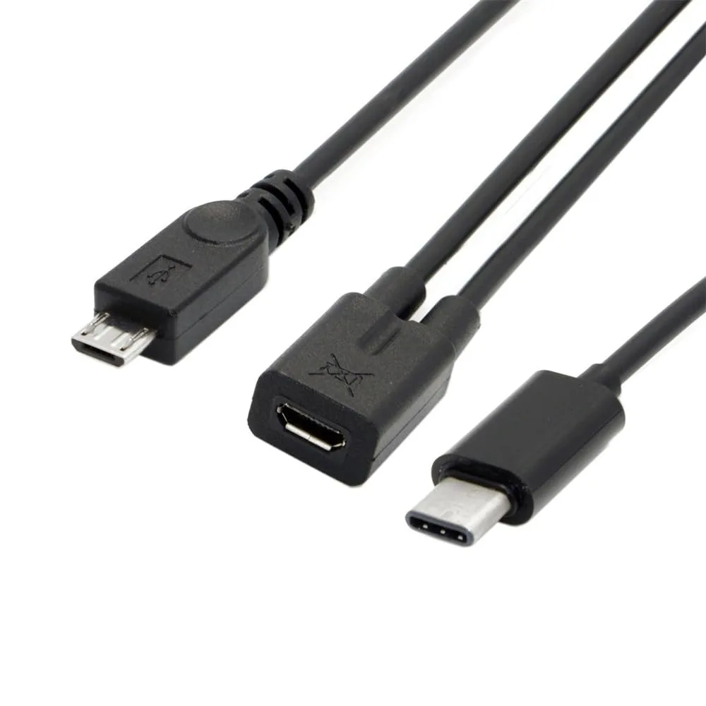 0.3M MicroUSB Female to Type-C Micro-USB 5Pin Male Y Splitter Extension Cable DC 5V Charging Power Supply Cord for Android Phone