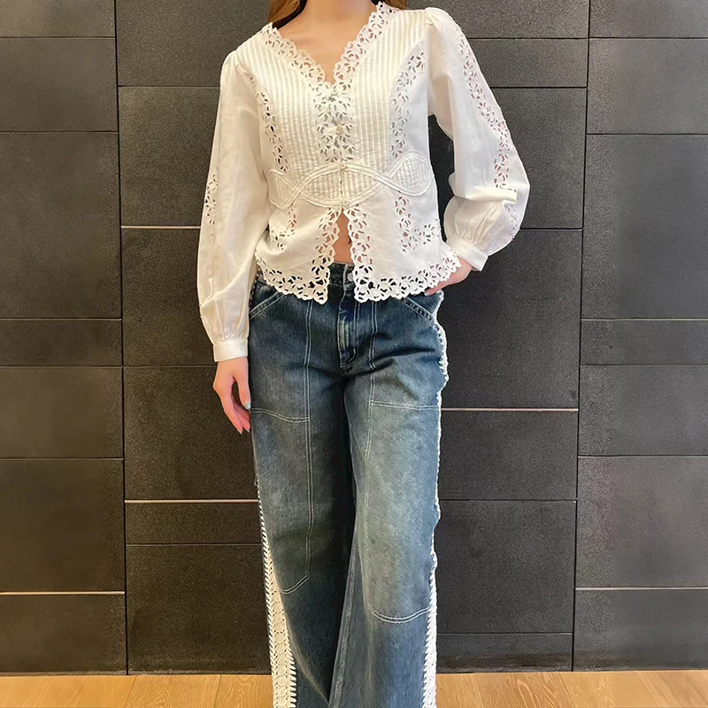 

Spring Summer New Women's White Cotton Linen Blend Embroidered Hollow out Low Neck V Neck Loose Elegant Top Shirt