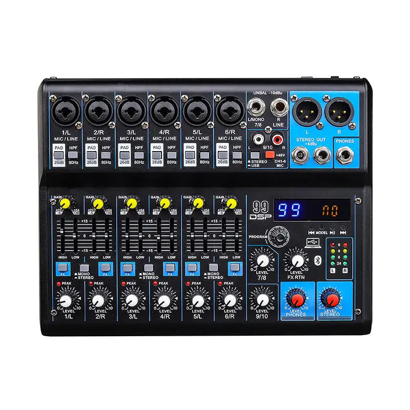 Mixeur multifonction 99DPS avec effet de réverbération, Bluetooth, USB, EQ, 48V, mixeur professionnel, 12 canaux