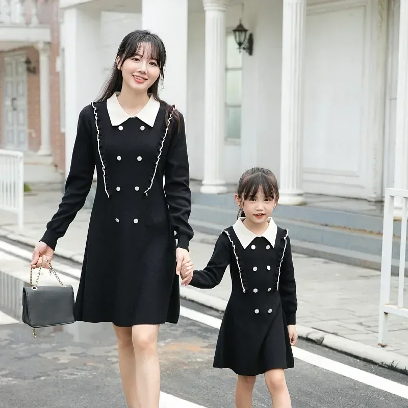 Matching Mommy And Daughter Dress Winter Autumn Women Long Sleeve Knitted Dresses 2023 Mother Baby Girls Equal Elegant Clothing