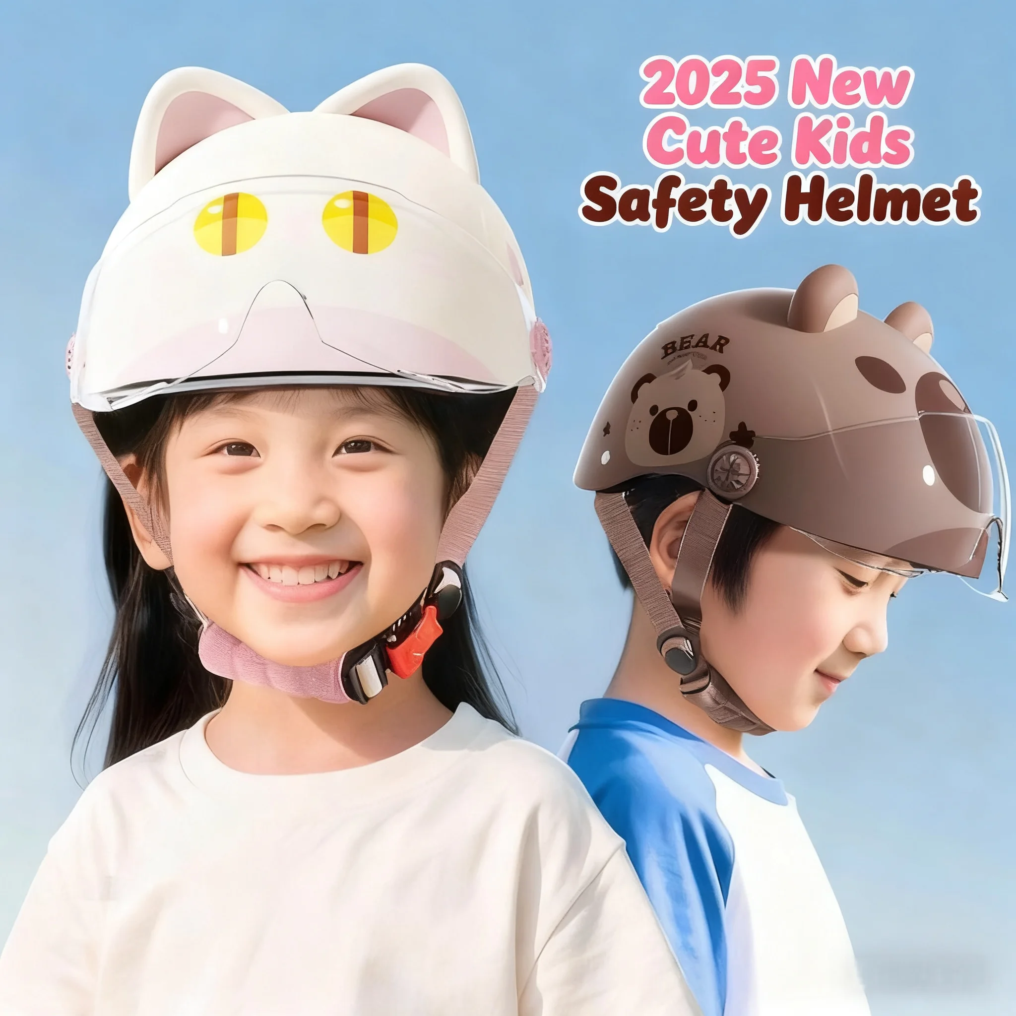 

2025 New Cute Kids Safety Helmet - Windproof Visor, Detachable Earmuffs, ABS+EPS Shell, All-Season, Safe for Cycling Skating