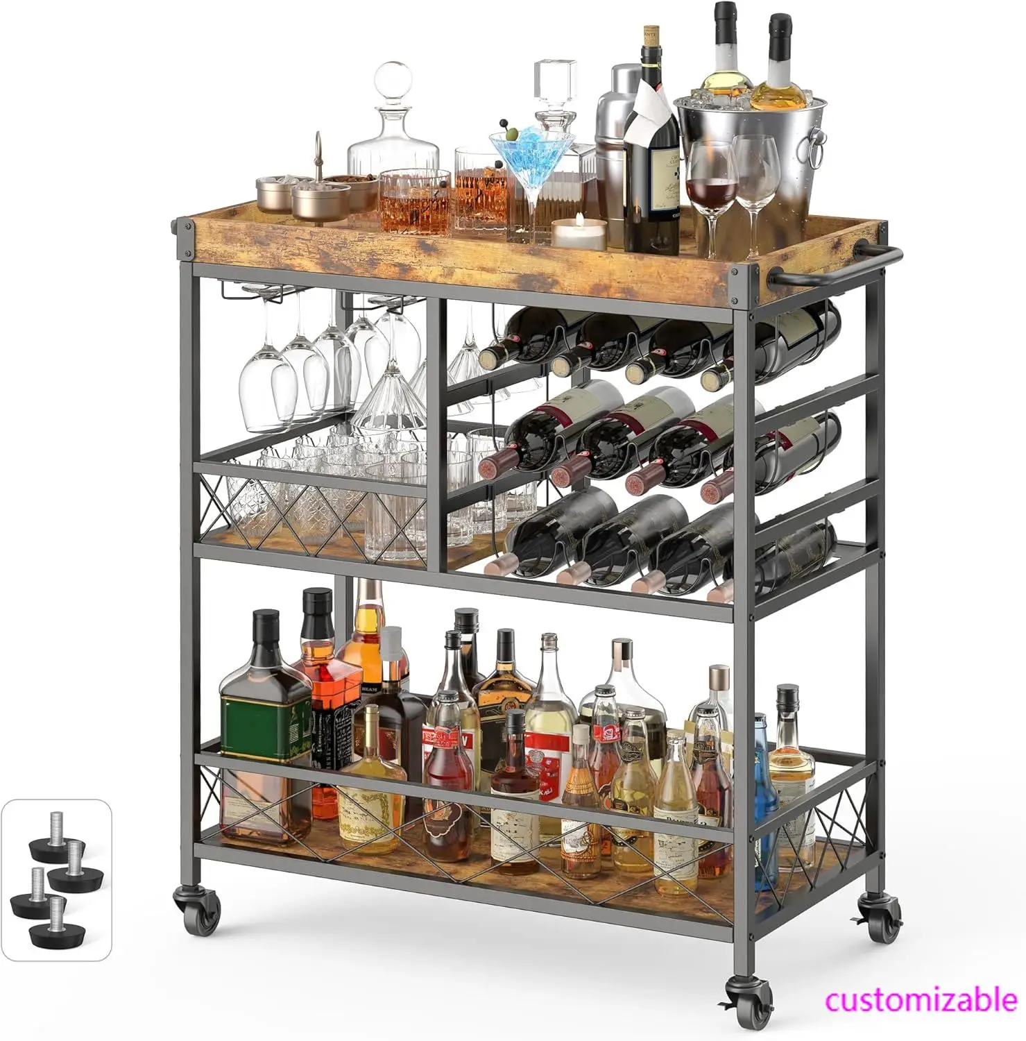 

Bar Cart, Serving Cart for Home, 3-Tier Kitchen Shelf with Wheels, Handle and Removable Tray,Rolling Beverage Bar with Wine Rack