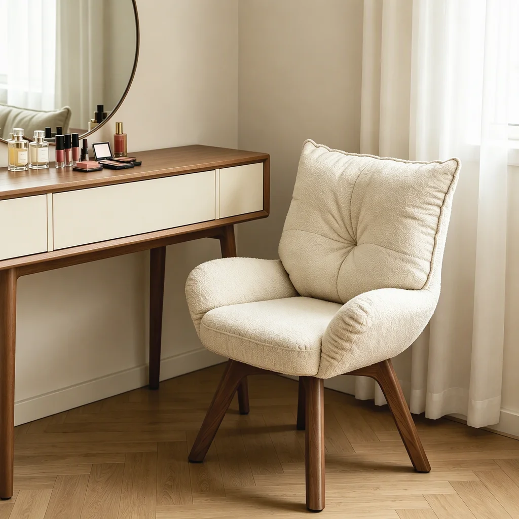 Custom Cream-style Solid Wood Makeup Chair & Swivel Vanity Stool With Non-Slip Mat For Girls' Bedrooms And Walk-in Closets