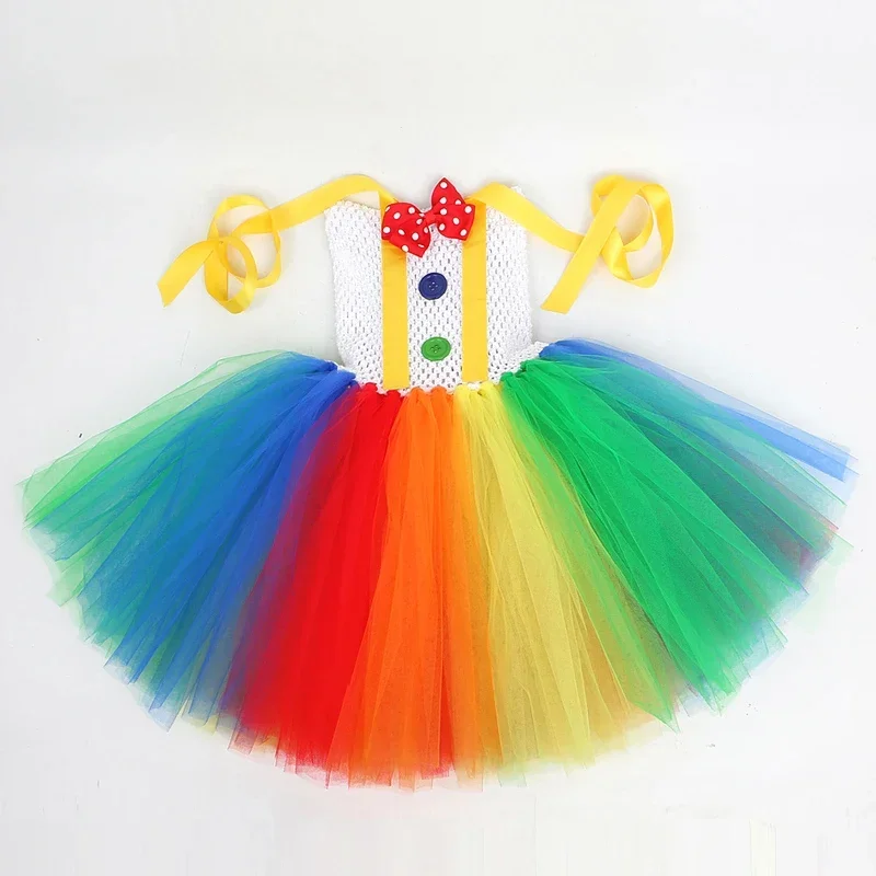 Rainbow Circus Clown Costume Girls Funny Joker Halloween Tutu Dress For Kids Birthday Carnival Party Outfit Children Clo MN3