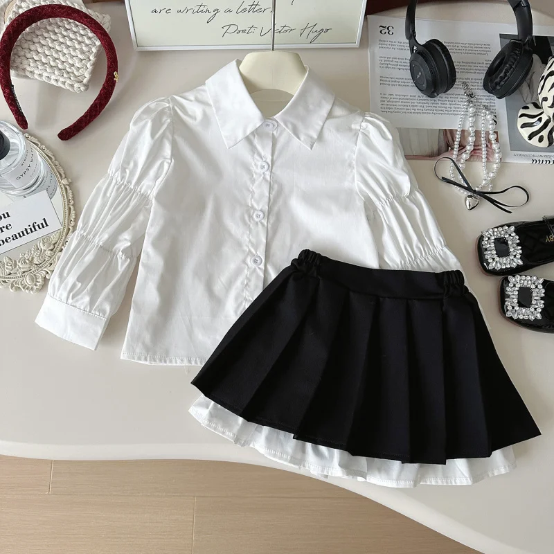 

2025New Autumn Fashionable College Style Outfit for Girls with Doll Collar Shirt and Pleated Skirt3Set