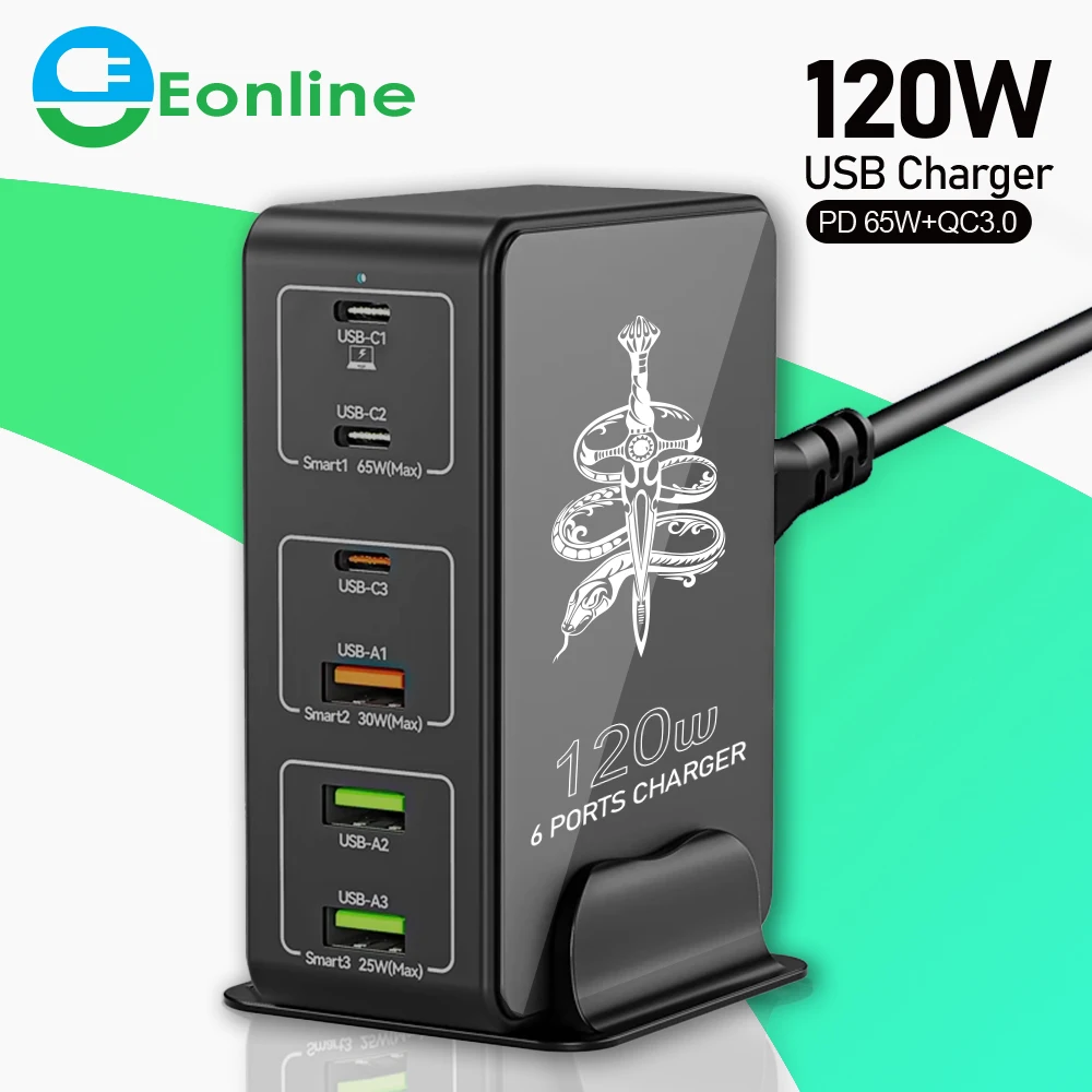 EONLINE 3D 120W USB C Super Fast Charger 6-Port PD 65W PPS45W Phone Laptop USB-C Charging Station for MacBook Pro/Air XPS