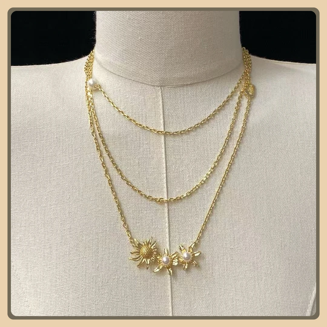 

Gold Multi-layer Layered Chain Necklace with Pearl Flowers, Light Luxury Style, Elegant Long Necklace