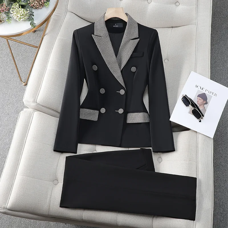 2024Waist-Cinching Spring and Autumn Houndstooth Small Blazer for Women, Mid-Length Slim Fit Elegant Blazer, Professional Suit