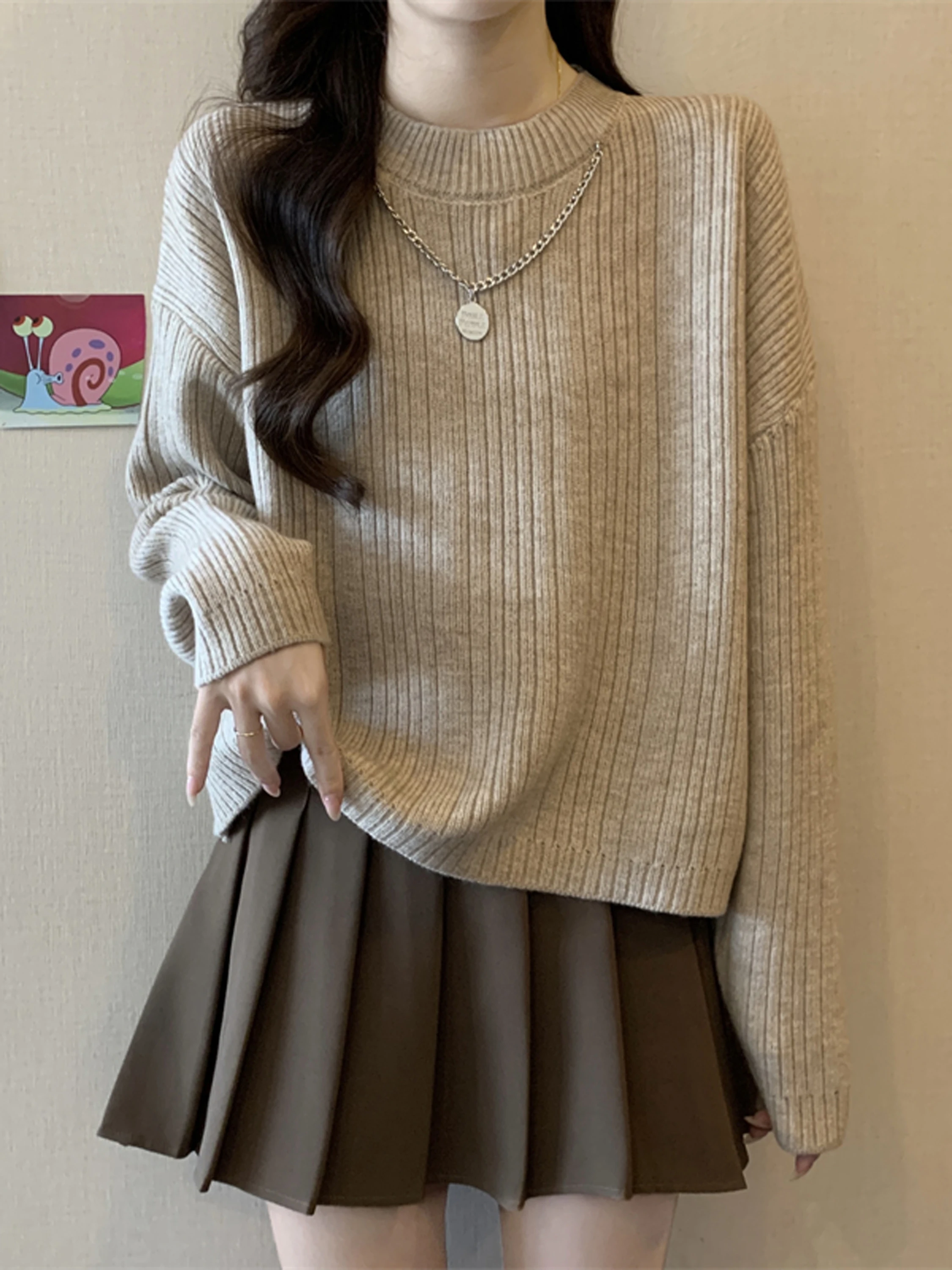 Thiened round Ne Warm Sweater Women Autumn Winter New Loose Casual ort Vintage Lazy Sle Long Sve Top Cotton Blend