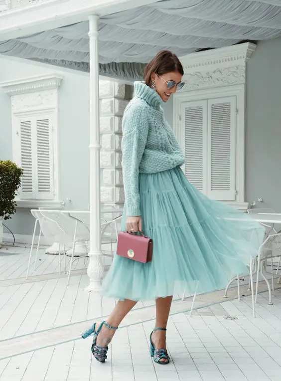 Casual Mint Green Soft Tulle Midi Women Skirts With Bright Line Details Stretchy Waistband Female Tulle Skirt