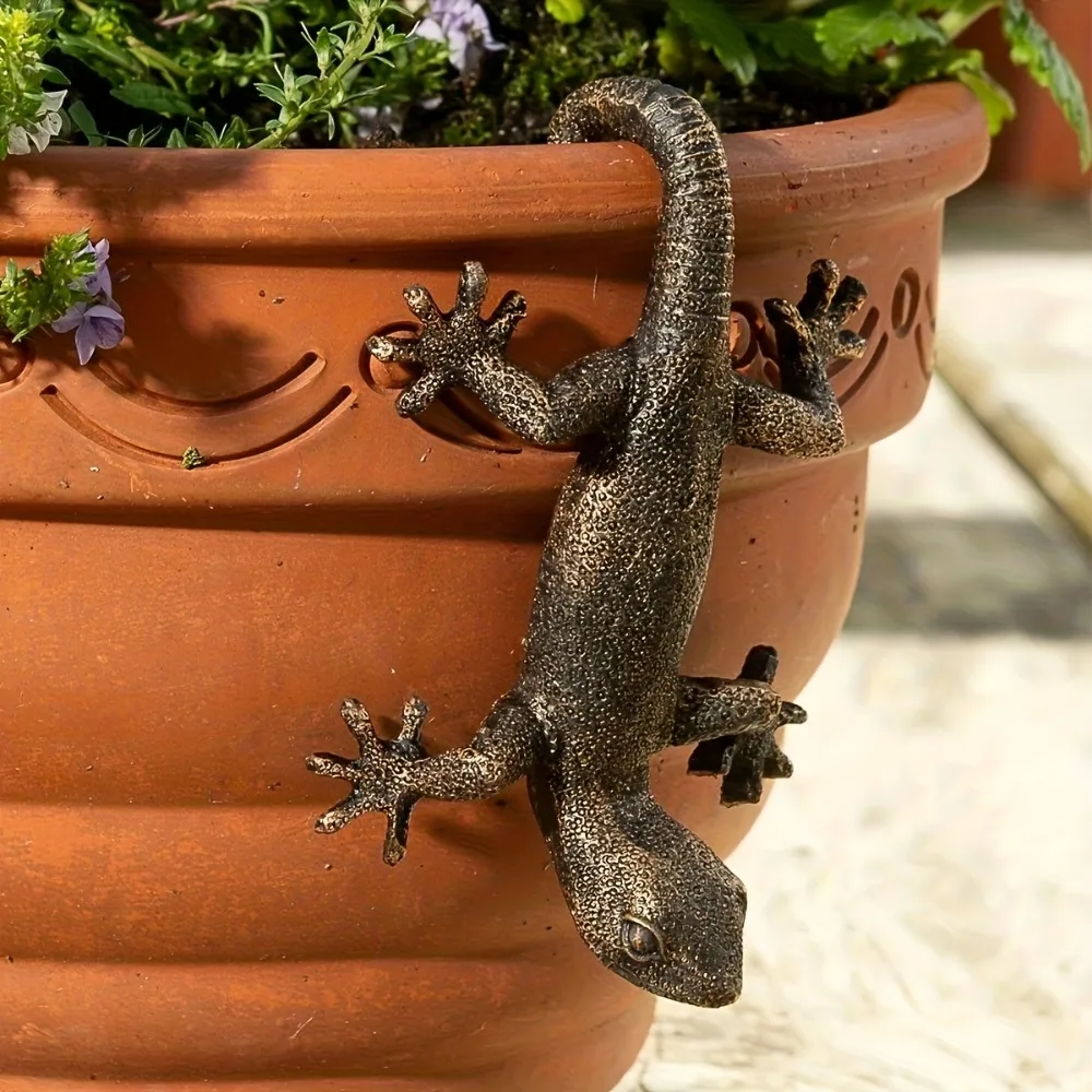 Resin Gecko Planter Hanger, Vintage Bronze Lizard Flower Pot Ornament, Outdoor Garden Patio Yard Hanging Decor