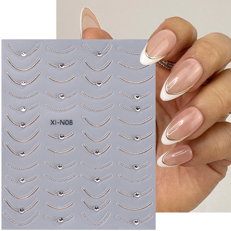 3D Metallic French Stripe Line Etiqueta Do Prego, Crystal Rhinestone, Ouro Prata, Simples Slider, DIY Manicure Art Acessórios, Linha Sorriso