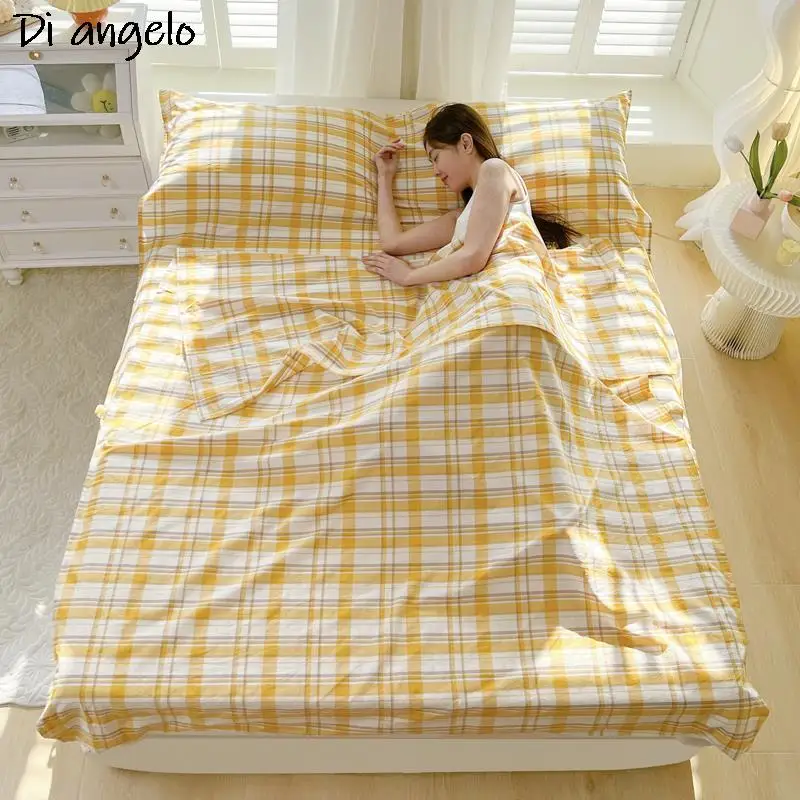 Cotton Checker Stripe Lightweight Portable Envelope Sleeping Bag Travel Hotel Anti-dirty Quilt Cover Sheet Single Double Queen#/