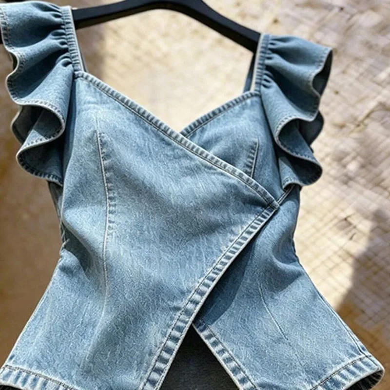 2026 Summer Autumn New Korean Style Denim Vest Women's Cowboy Waistcoat Fashion Ruffle Sleeveless Denim Jacket Top Female