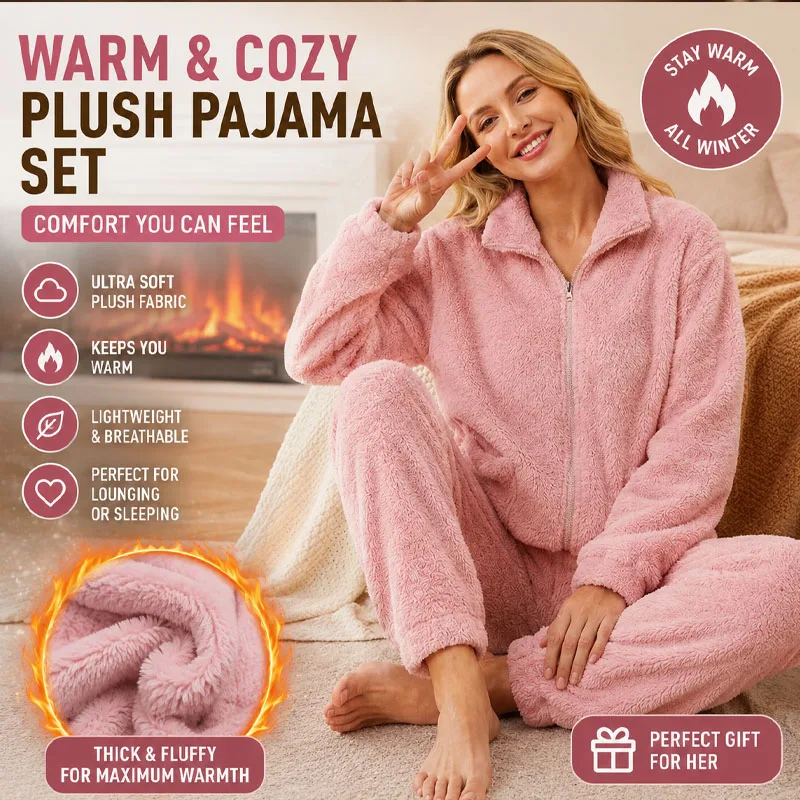 Women's Winter Warm Coral Fleece Pajama Set Thick Plush Soft Cozy Loungewear Suit Trendy Home Outfit for Outdoor Lounging