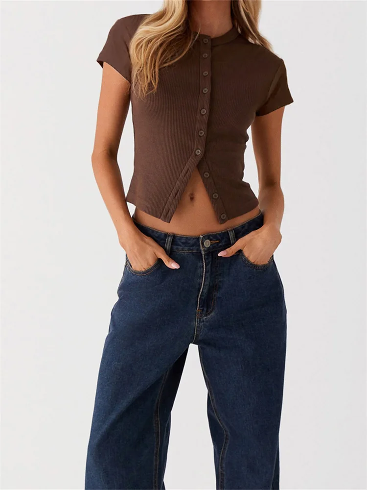 Women's Casual T-shirt Button Up Tops Short Sleeve Round Neck Trendy Solid Color Shirts
