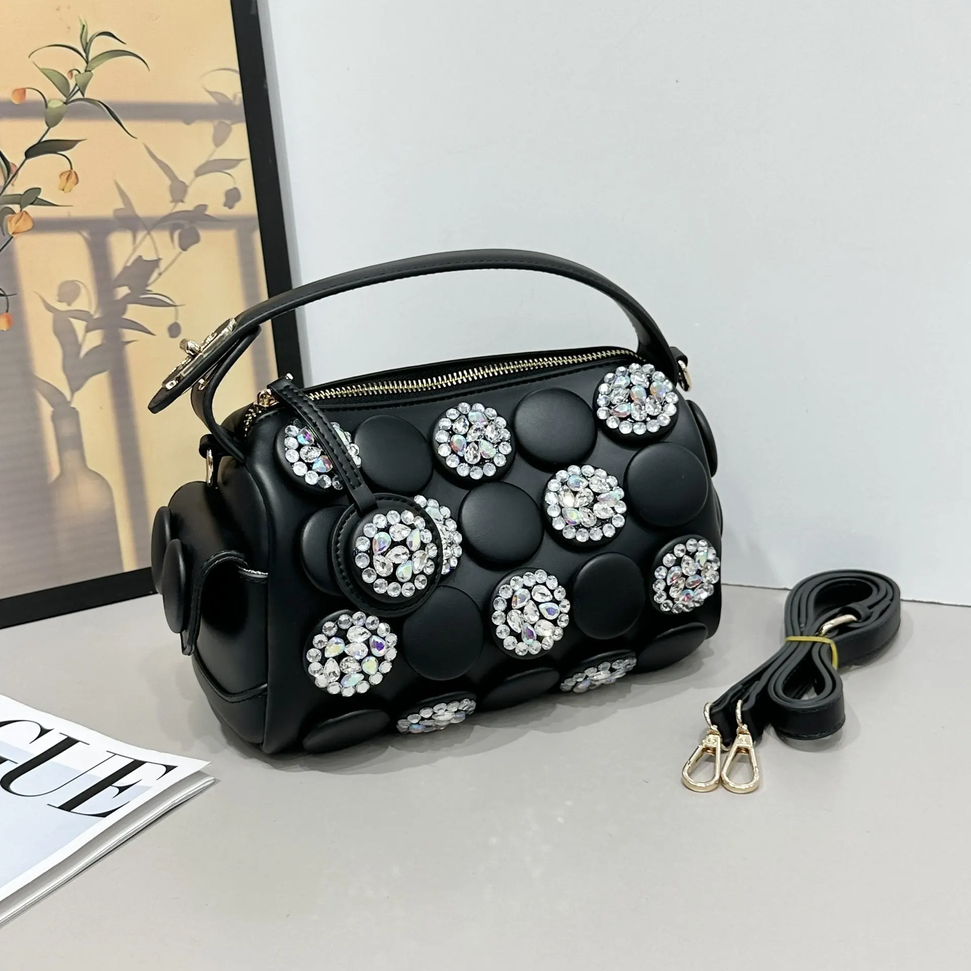 2026 Spring New Fashion Trend: Beaded Round Bucket Bag with Large Capacity Buttoned Shoulder Sling Bag