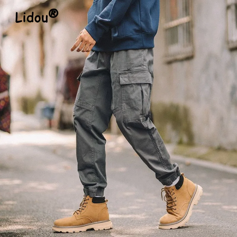 Vintage Harajuku Solid Color z wieloma kieszeniami Man Cargo Pants nowa luźna talia Drawcord Youth Casual All-match męskie spodnie 2023