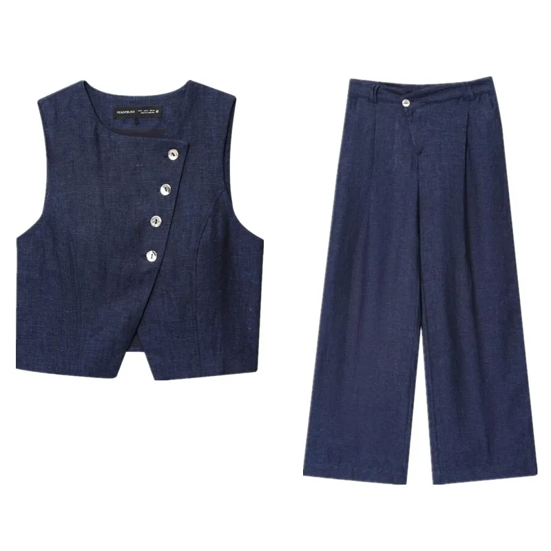 Neuankömmling Herbst 2025, Damen Faion Leinen Zweireiher Svel Round Ne Weste Tank Top Round Ne Button Sle