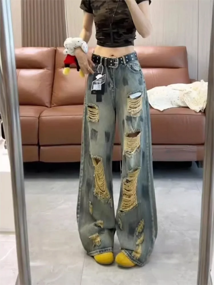 

Модные женские джинсы с широкими штанинами и рваными элементами в стиле ретро, новинка весны, большие размеры, для полных женщин, с высокой талией, прямые, в пол