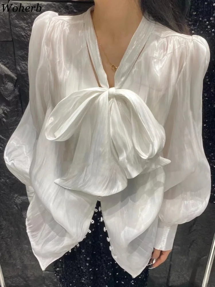 Solid Blouse for Women 2024 Blusas Mujer De Moda Bandage Bow Puff Sleeve Loose Shirts Fashion Temperament Blouses Tops Female