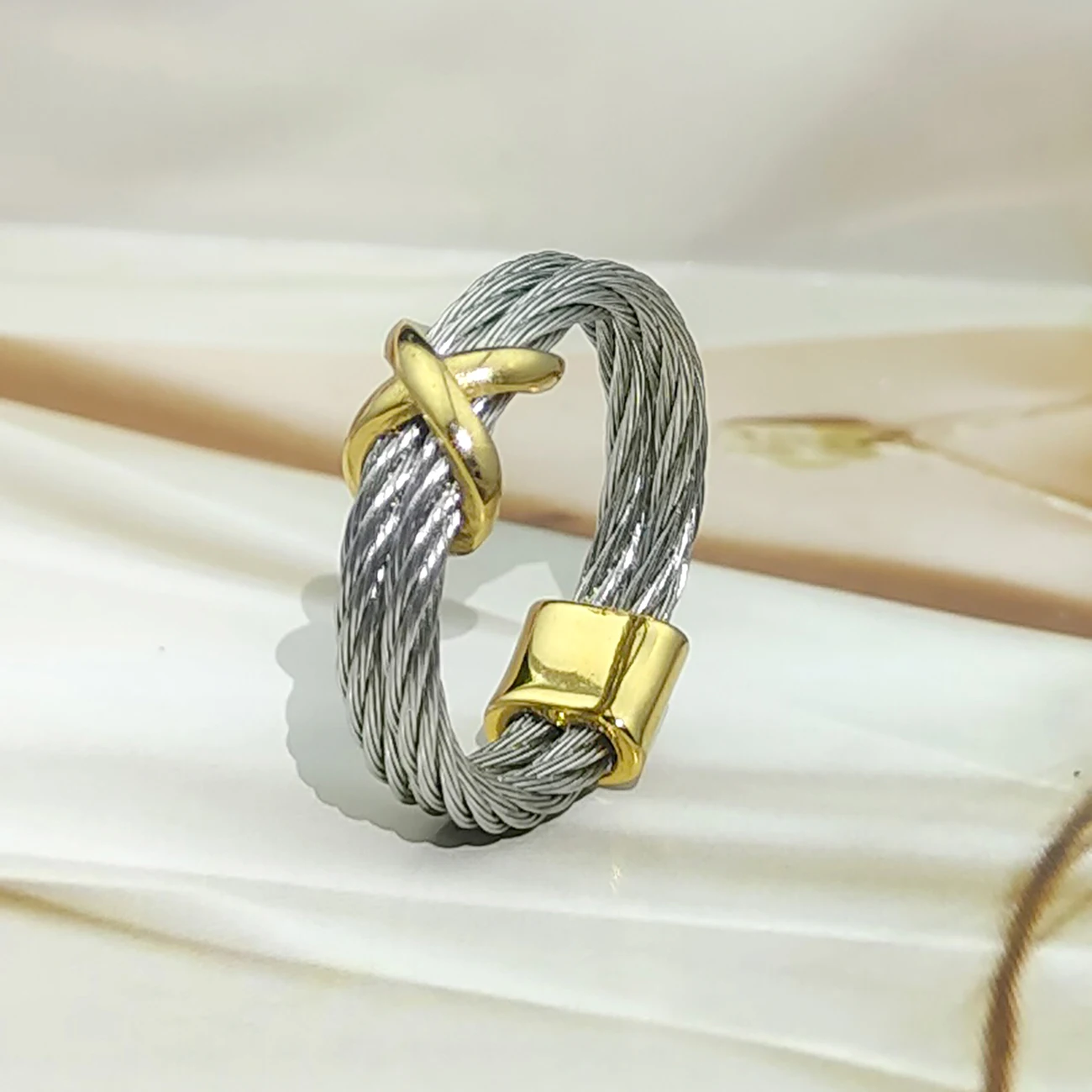 

Stainless Steel Braided Cable Crossover Two Color Ring for Women, Valentine's Day Birthday Gift