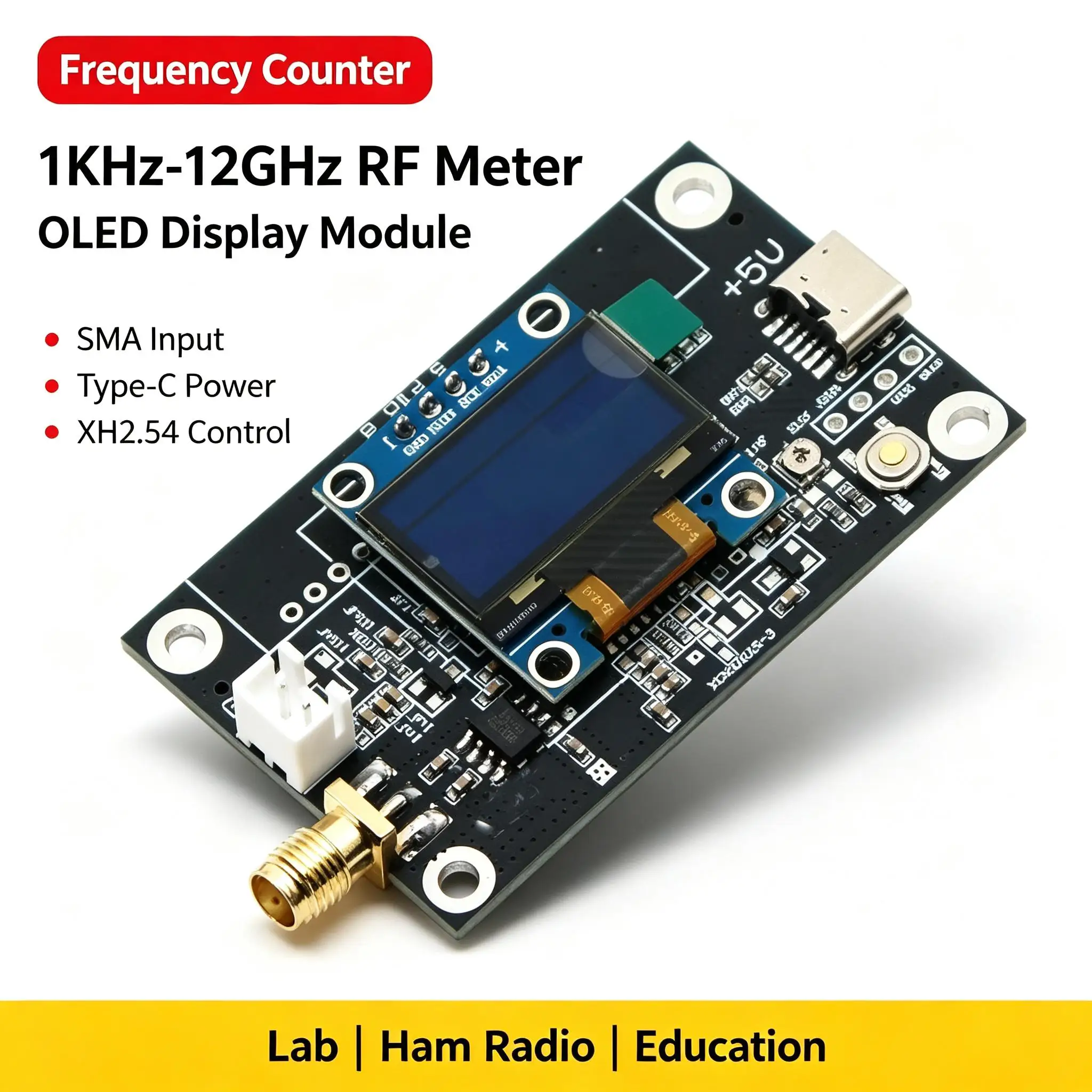 OLED 1KHz-12GHz RF Frequency Counter Tester Low High 7bit Digital Frequency METER SMA Signal Measurement Ham Radio Cymometer