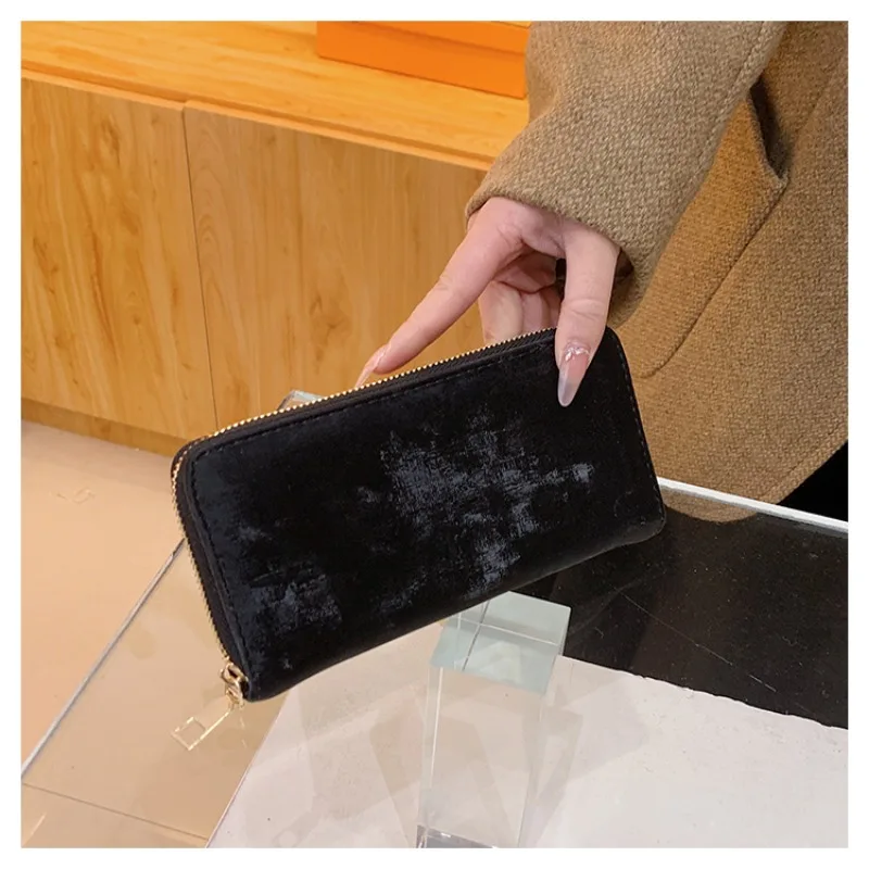 Solid Thread Zipper Long Faux Suede Wallet Simple Card Holder Note Compartment Clutch Bag 2024 Hot Sale Bags for Women Billetera