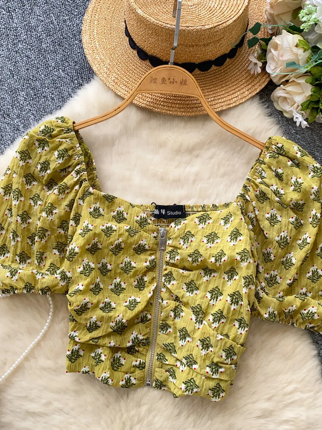 Vintage French Sexy Floral Red Blouse Women Summer Square Neck Puff Short Sleeve Shirred Peplum Crop Top Elastic Slim Folds
