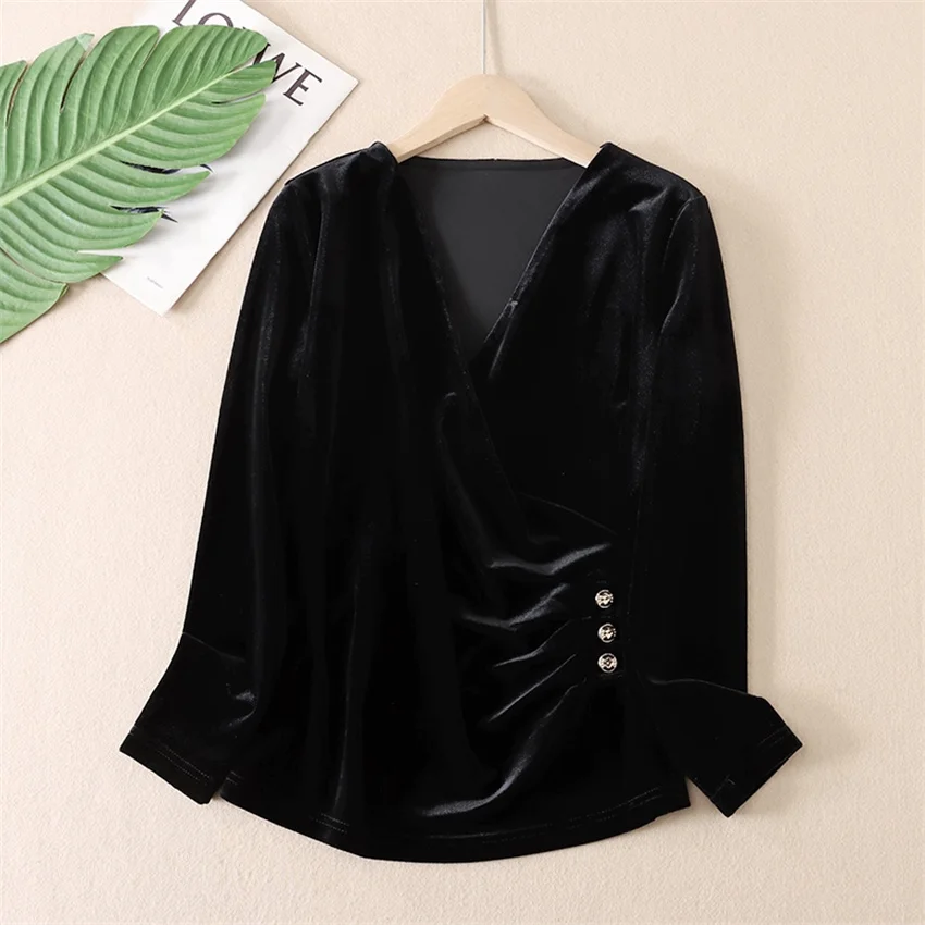 

New Spring Autumn Fashion Slim Women Gold Velvet T-Shirt Female Long Sleeve Short V-neck Tees Lady Basic Tops Pullovers WZ2401