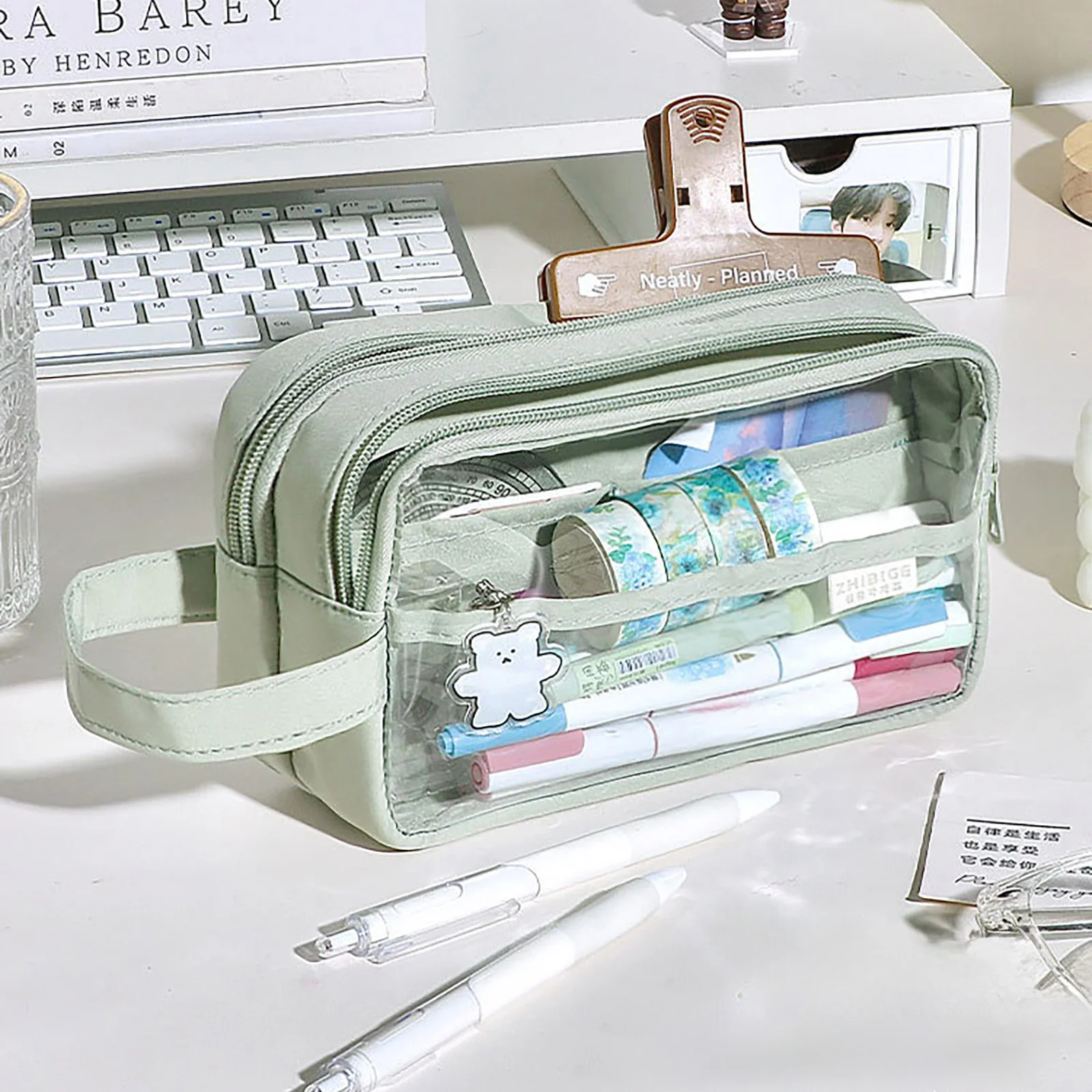 Clear Pencil Bag Kawaii Ita Bag Pencil Case with Handle,Portable Double Layer Pen Pouch for Students,Office