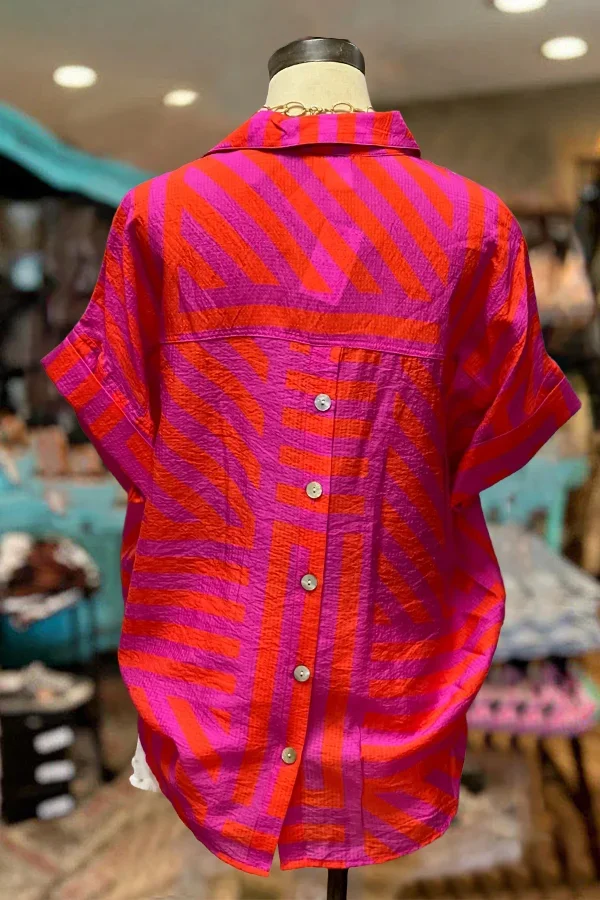 Pink And Orange Striped Short Sleeve Blouse Tribal Print Button Back Top Women Geometric Print Shirt Casual Puff Sleeve Blouse