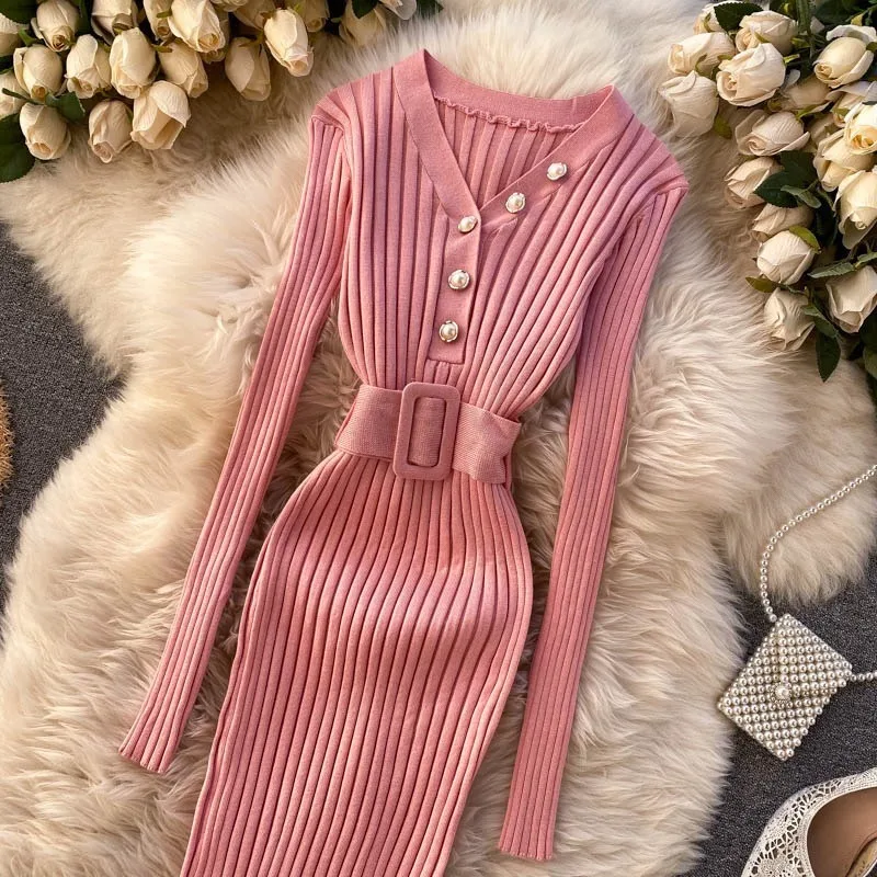 YuooMuoo Chic Fashion Sexy Package Hips Rib Knitted Bodycon Dress 2024 Autumn Winter Elegant Peal V-neck Sweater Dress with Belt