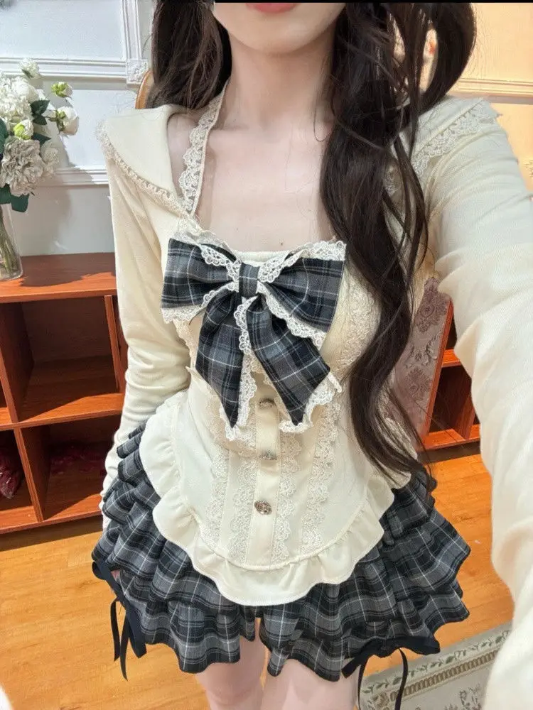 

Корейский стиль, милые винтажные комплекты из 2 предметов, женские кружевные топы в стиле Лолиты с бантом, тонкие топы Y2k + клетчатые юбки, модные милые наряды в стиле Харадзюку