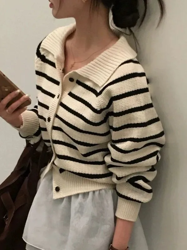 Chic Autumn Winter College Style Retro Single Button Turn-down Collar Striped Knitwear Women Casual All-matching Sweater Coat
