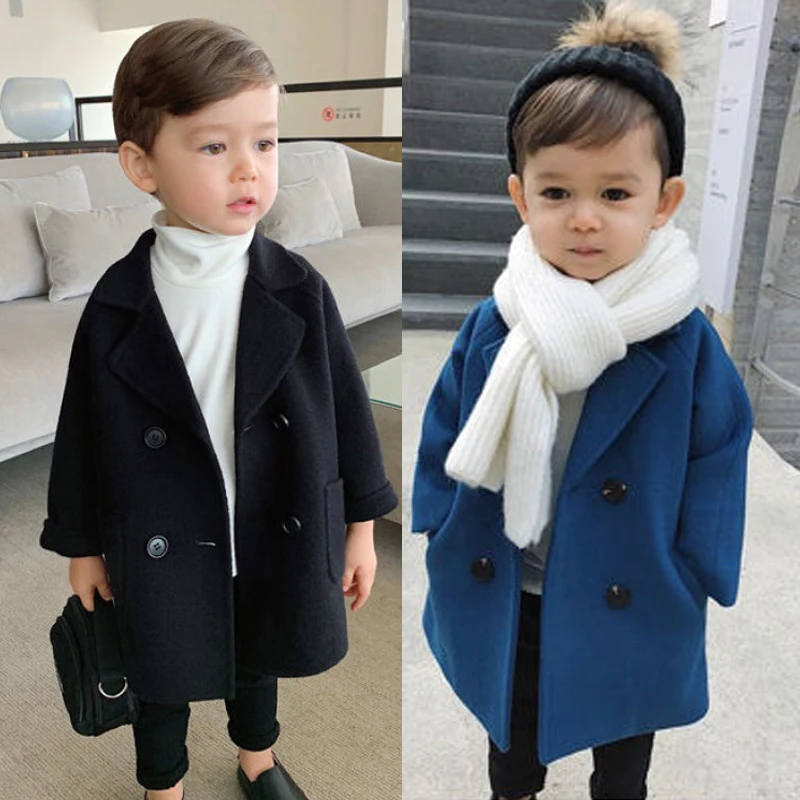 Autumn Winter Boys Woollen Jacket Long Style Solid Color Lapel Double-Breasted Handsome Overcoat For 2-6Y Kids Fashion Outwear