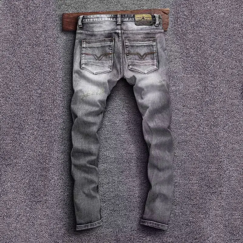Fashion Designer Men Jeans High Quality Retro Washed Gray Stretch Slim Ripped Jeans Men Embroidery Designer Vintage Denim Pants