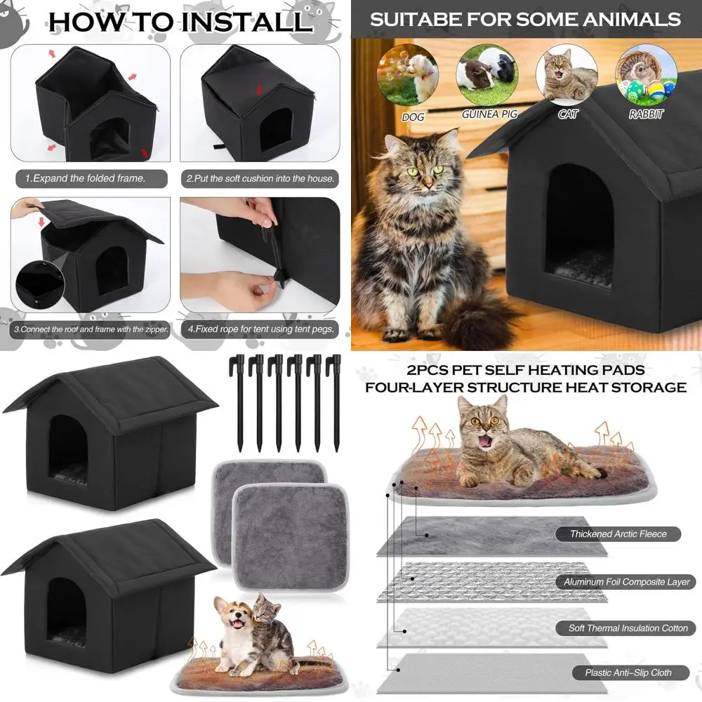 

Двойное уличное прикрытие для кошек со встроенной грелкой, водонепроницаемое и защищенное от атмосферных воздействий для бродячих животных и домашних животных (15,8 дюйма, черное)