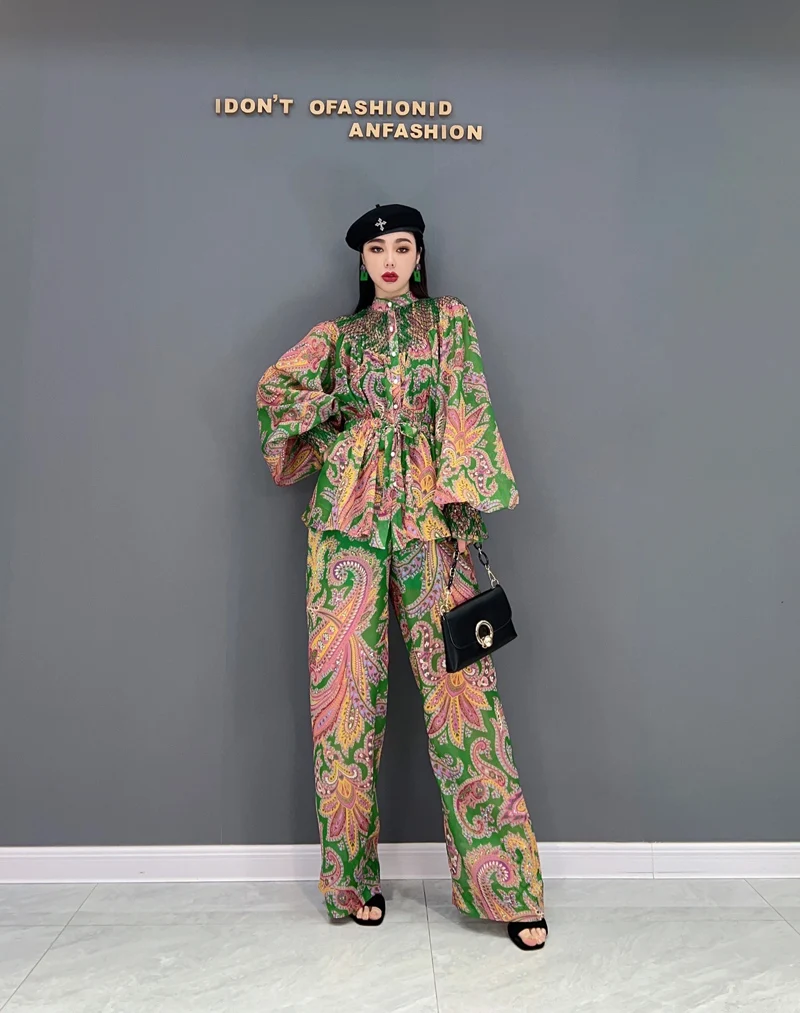 

2024, весенний новый модный элегантный комплект с принтом, женские свободные шифоновые рубашки с длинными рукавами, топ, широкие брюки, комплект из двух предметов J834