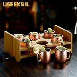 6pcs/set 60ML Mini Mugs Moscow Mule Mug With Wooden Holde Cocktail Cups Stainless Steel Hammered Copper Plated Beer Wine Mug