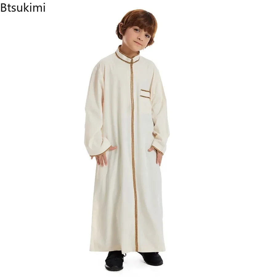 Eid Muslim Kids Embroidered Abayas Dress Arabia Children Long Sleeve Kaftan Robes Boys Jubba Thobe Islamic Middle East Clothing