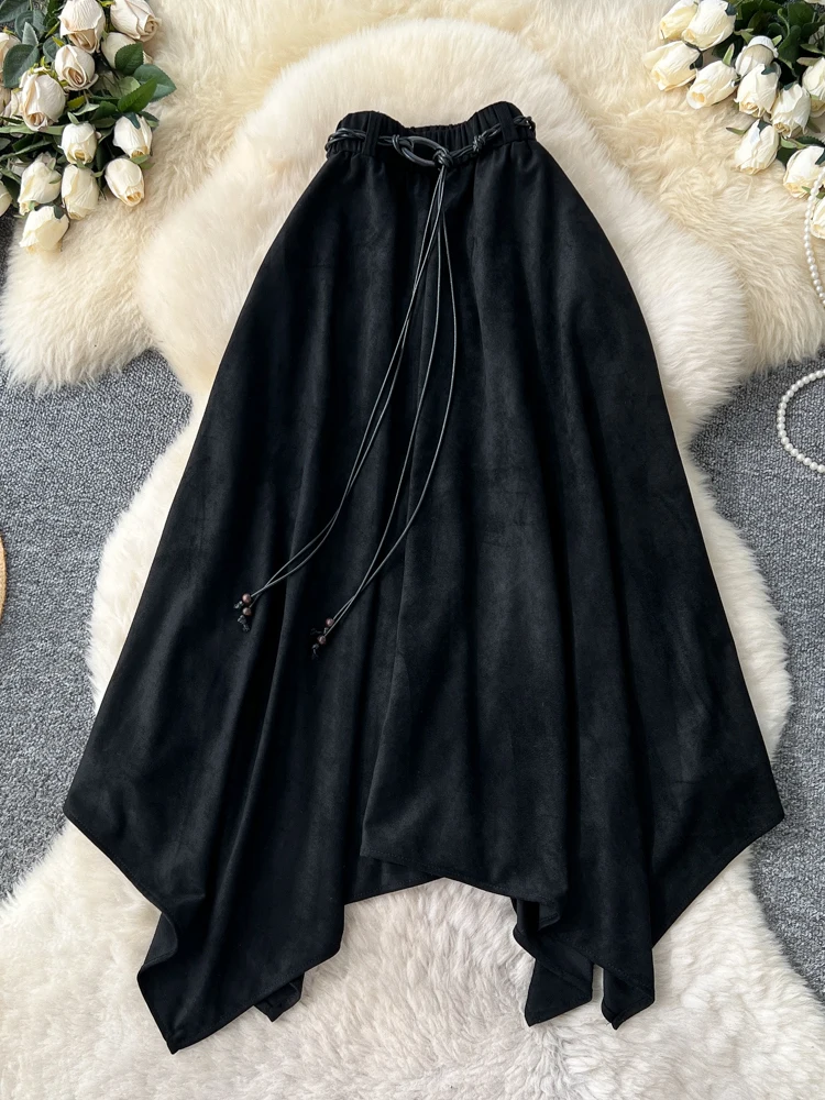 Women Brown Mid Long Suede Skirt Harajuku Y2k Gyaru Asymmetrical Skirts Aesthetic Vintage A-line Skirt 2000s Clothes Autumn 2025