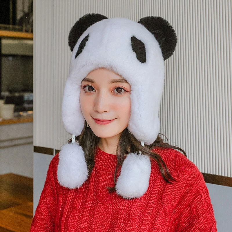 Natural Rabbit Fur Hat Winter Warm Ears Bomber Cap for Women's Aviator Snow Skiing Caps Thickened Cute Bear Plush Lei Feng Hats