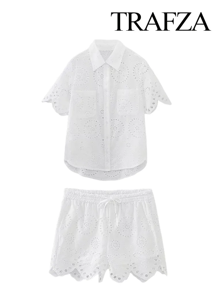 TRAFZA Summer Women White Embroidered Short Two Pieces Set Hollow Out Blouse+Baggy Shorts Woman Elastic Waist Casual Shorts Suit