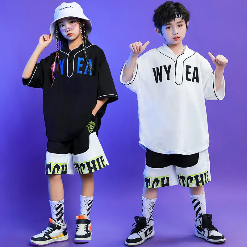 

New Hip Hop Dance Costumes for Kids Black T Shirts Shorts Boys Streetwear School Children Jazz Performance Clothes 3-16 Years