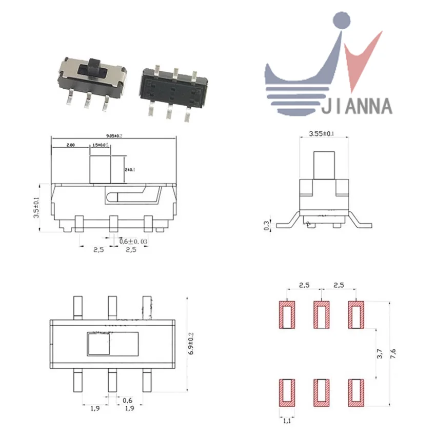 Toggle switch 6 pin vertical patch micro power switch wave band 2 gear is shifting MSS22D18G2 handle height 2MM